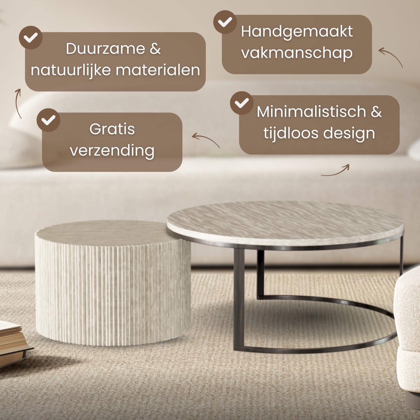 Salontafel Iki – Japandi Design in Travertin & Massief Hout