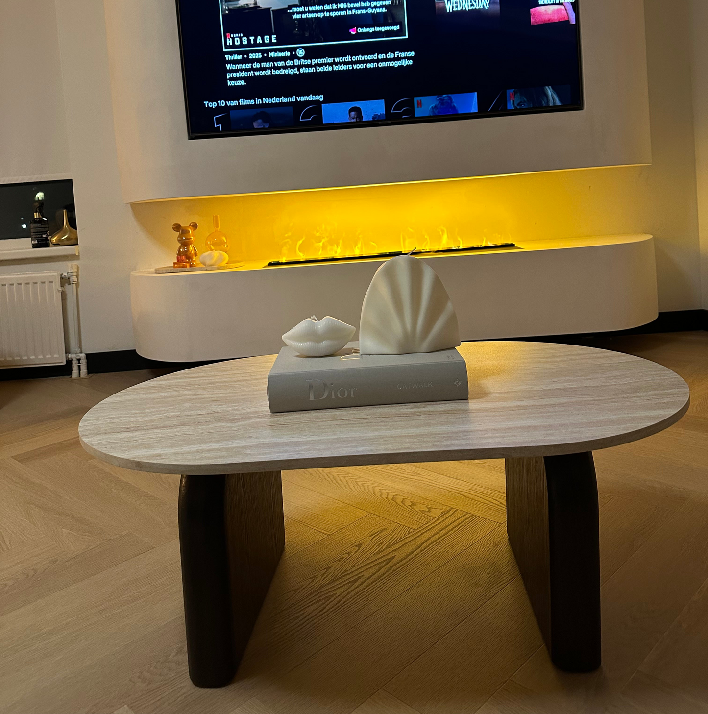 Salontafel Tresi – Organisch Japandi Design met Travertin Look & Walnoot Hout