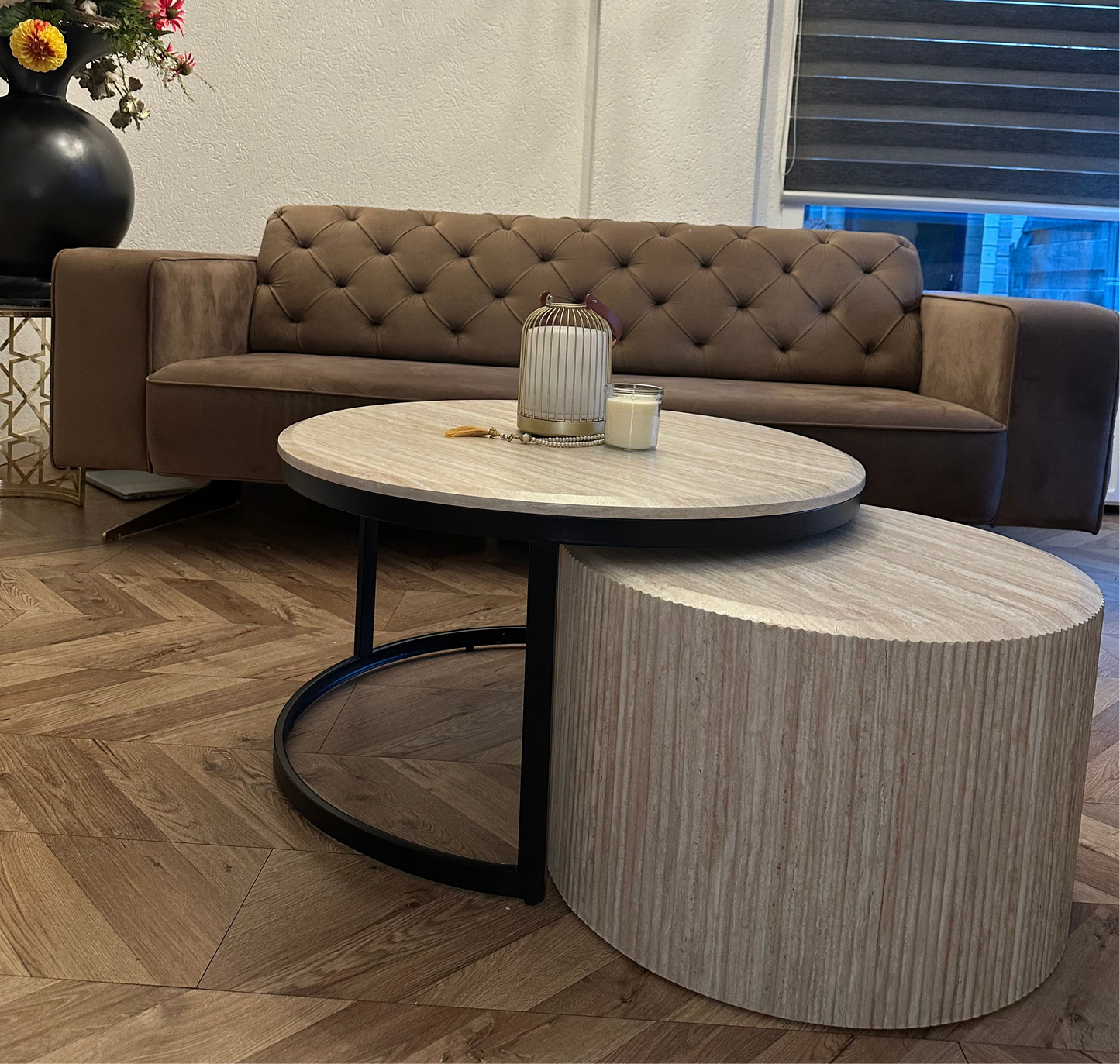 Salontafel Iki – Japandi Design in Travertin & Massief Hout