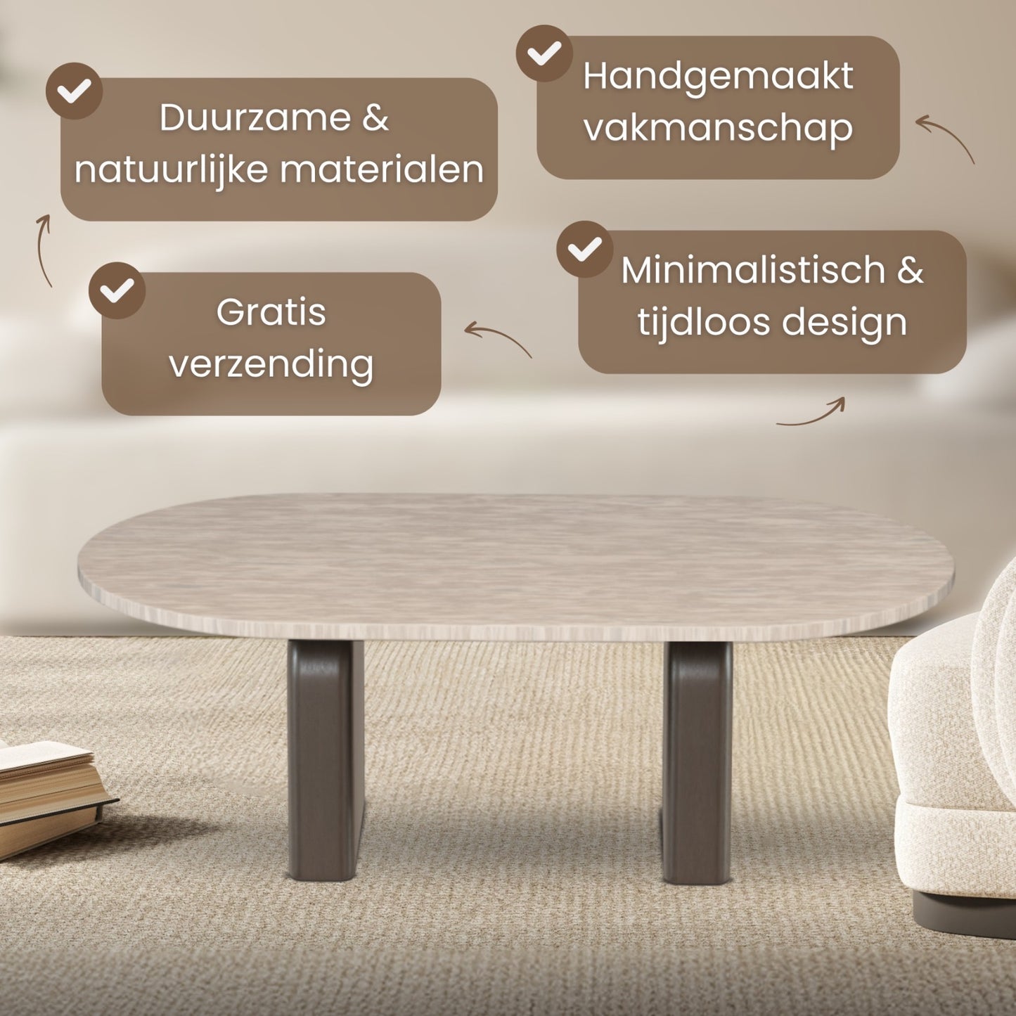 Salontafel Tresi – Organisch Japandi Design met Travertin Look & Walnoot Hout