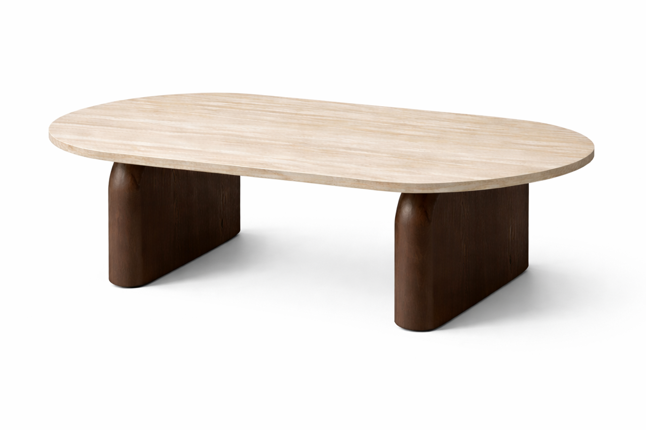 Salontafel Tresi – Organisch Japandi Design met Travertin Look & Walnoot Hout