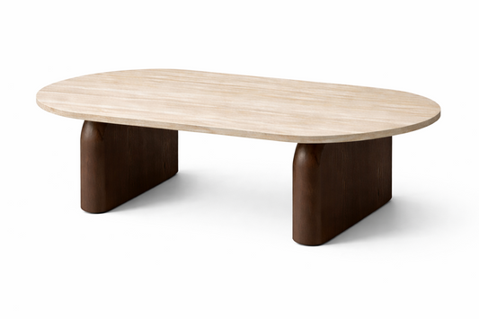 Salontafel Tresi – Organisch Japandi Design met Travertin Look & Walnoot Hout