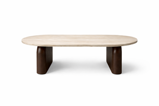 Salontafel Tresi – Organisch Japandi Design met Travertin Look & Walnoot Hout