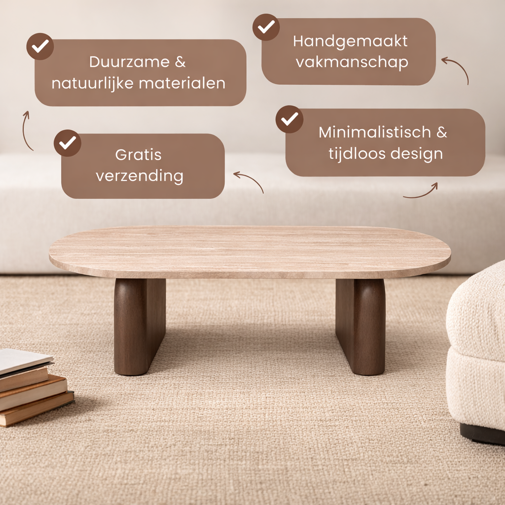 Salontafel Tresi – Organisch Japandi Design met Travertin Look & Walnoot Hout