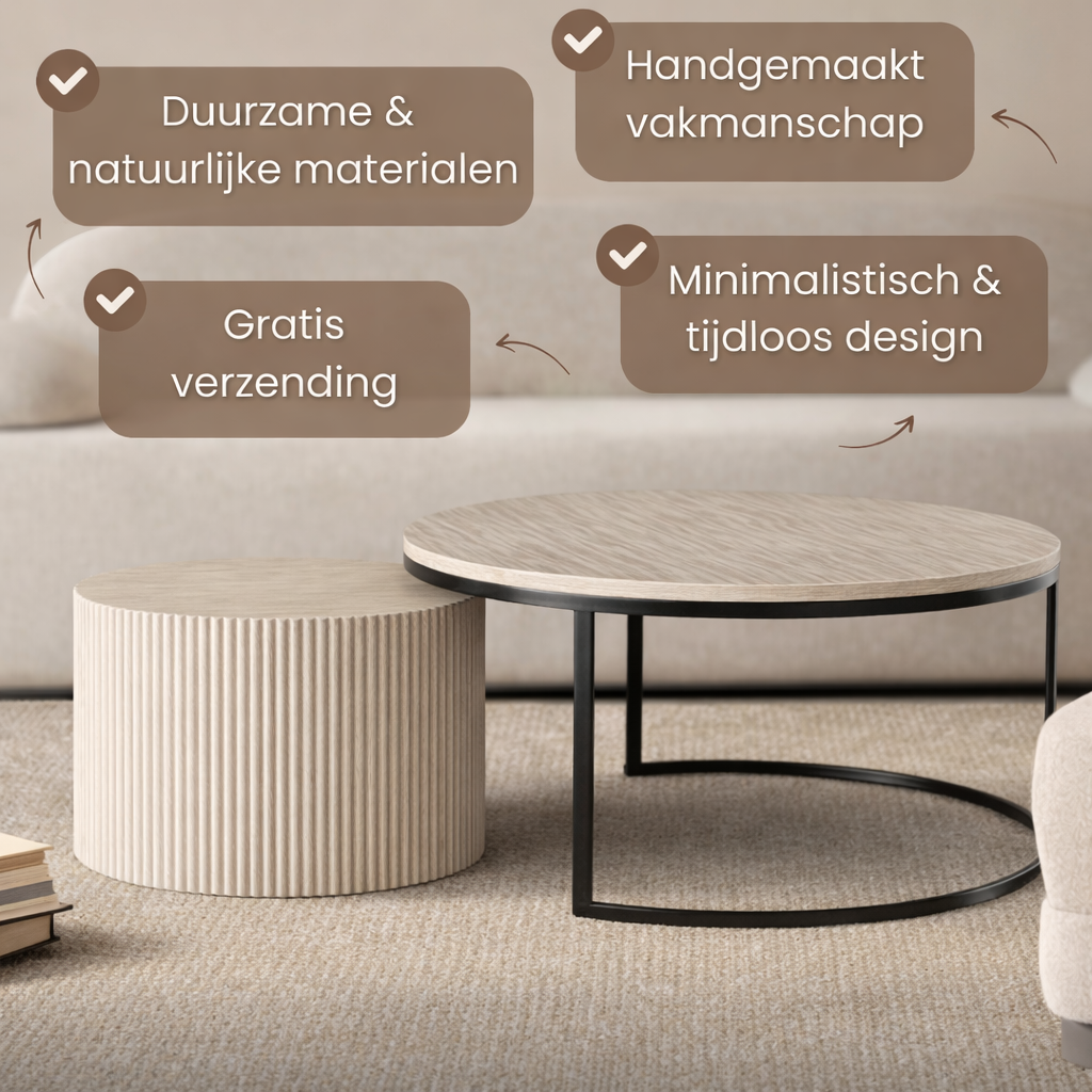 Salontafel Iki – Japandi Design in Travertin & Massief Hout